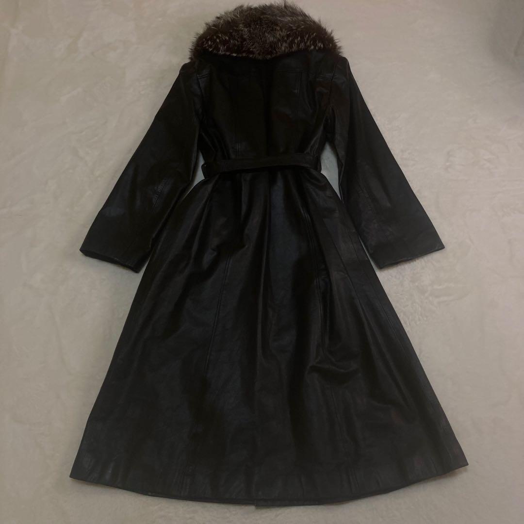 パンプキン✨ レザーコート　ロング　牛革　フォックスファー　ベルト付き