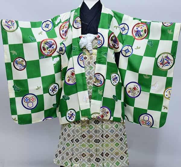 七五三 五歳 男児 羽織袴フルセット 緑地×白 袴変更可 NO37795