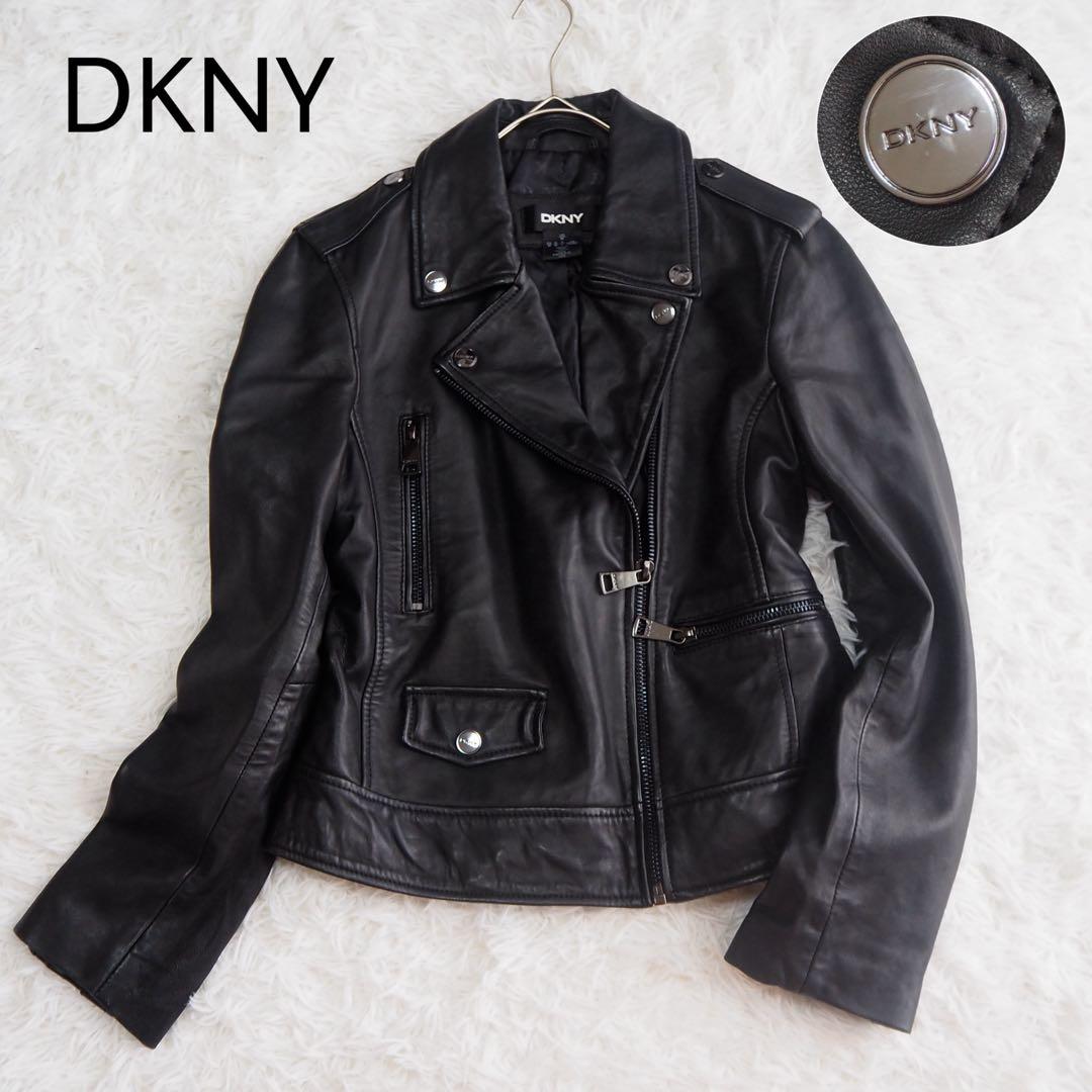 美品 DKNY ダナキャラン ラムレザージャケット ライダース 革ジャン ロゴ