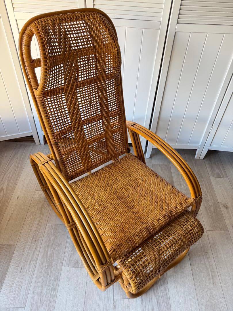 ラタンリクライニングチェア オットマン付き 籐家具 1人掛けソファー