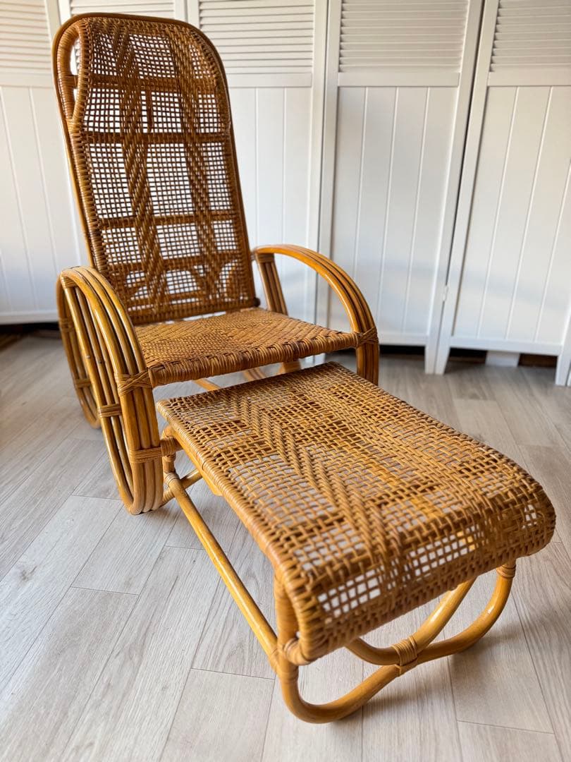 ラタンリクライニングチェア オットマン付き 籐家具 1人掛けソファー