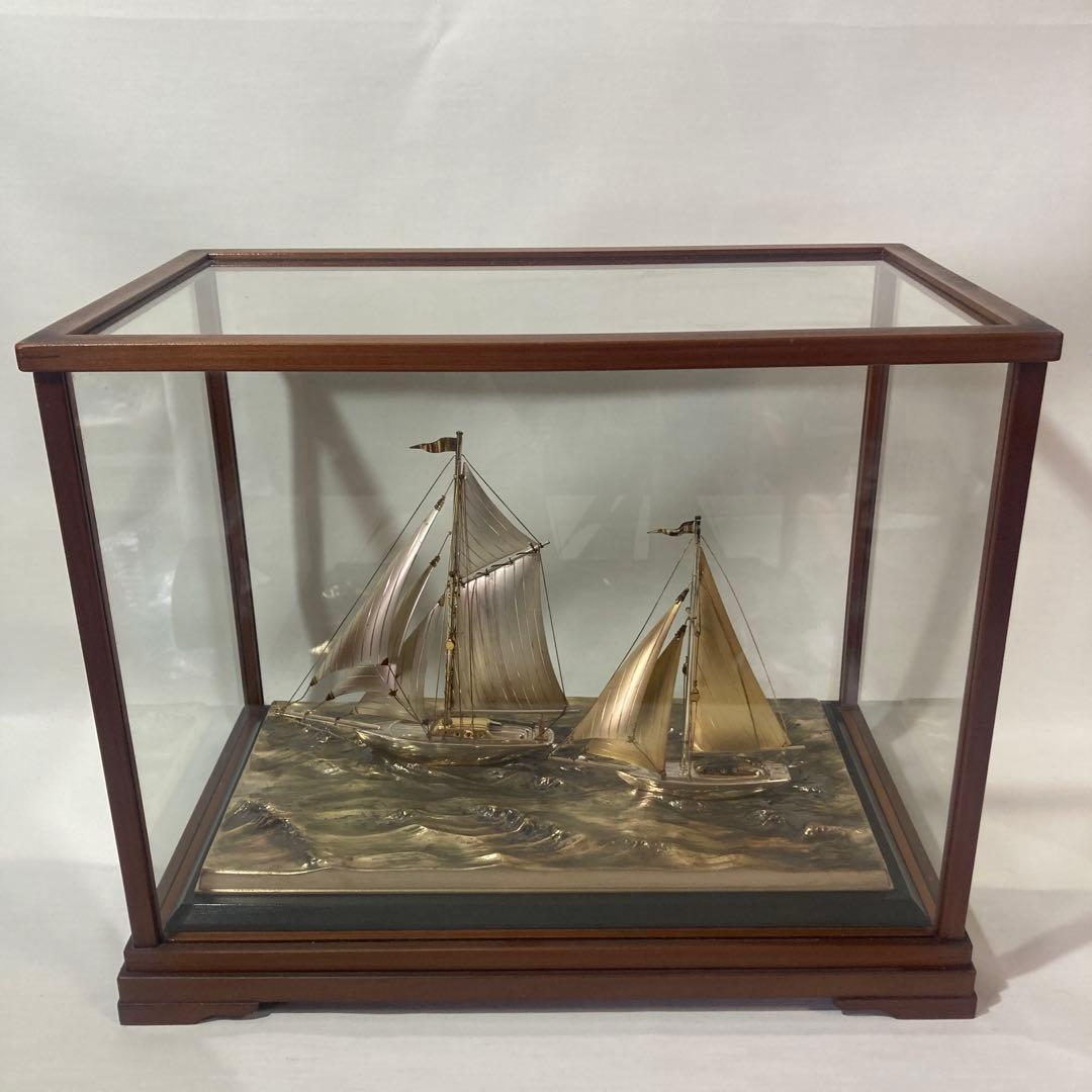 希少 2隻　シルバー製の帆船置物 ガラスケース付き　船　計124g 断捨離