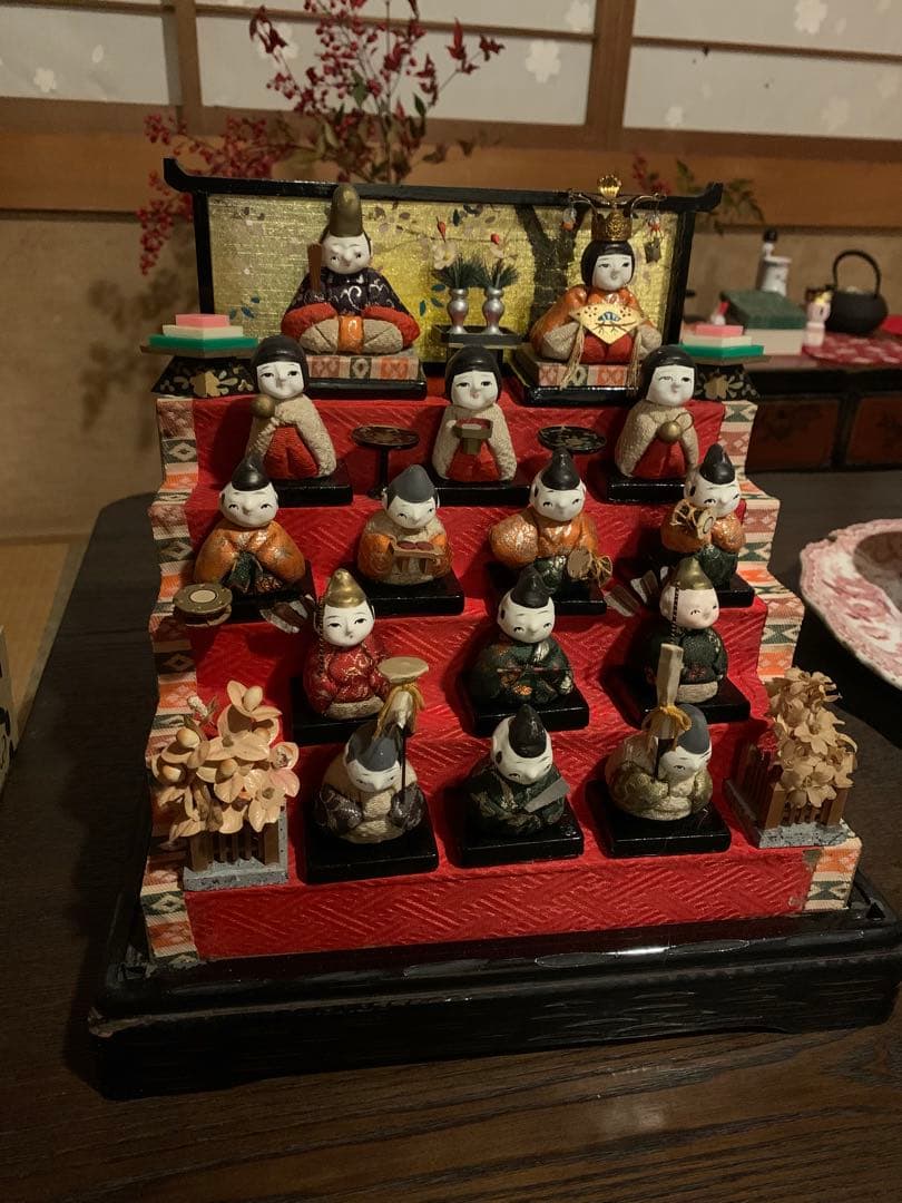 雛人形 雛祭り ミニひな壇 三人官女 五人囃子 伝統的な木製雛人形 5段 レトロ