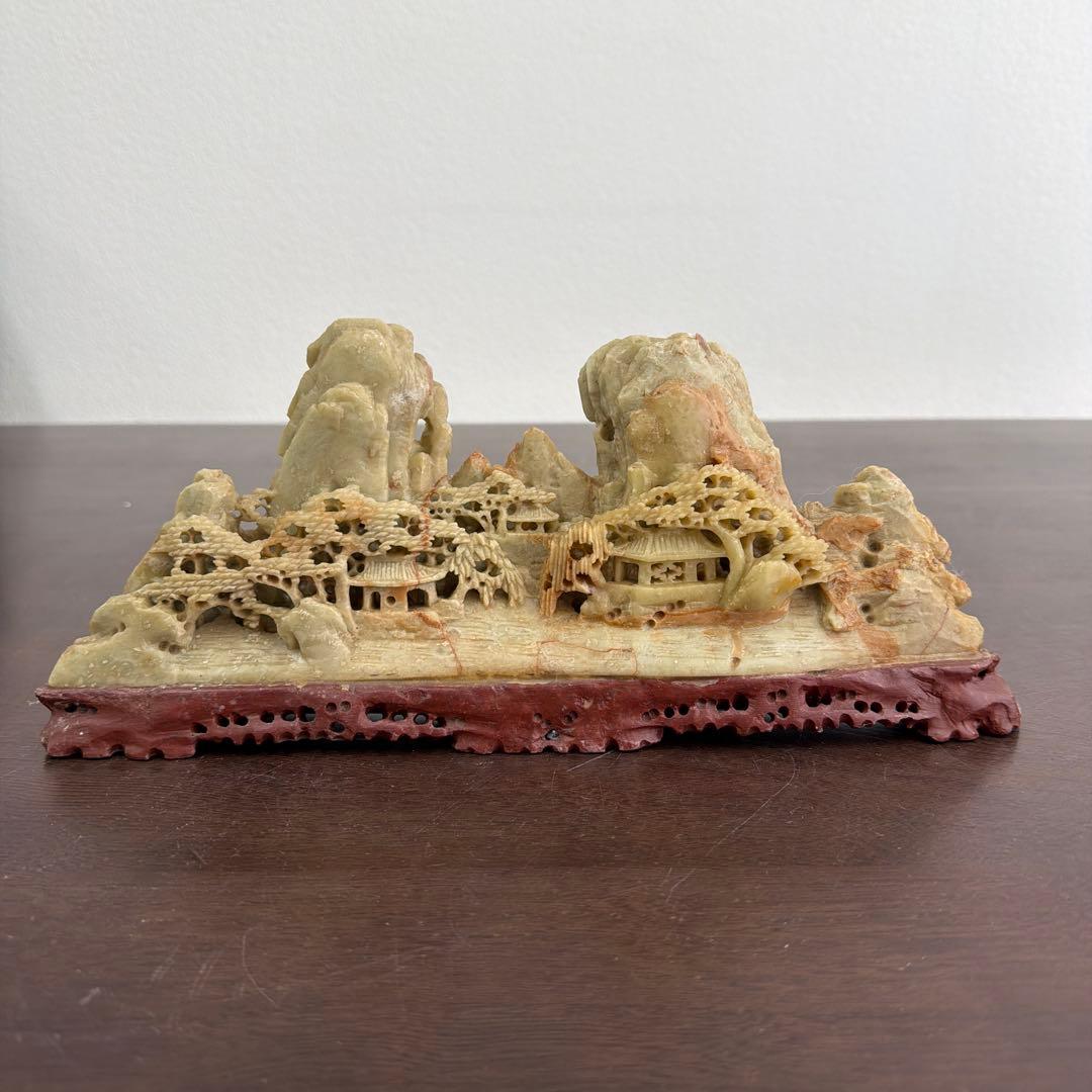 中国　天然石　置物　細密彫刻　石彫刻 山水風景の工芸品