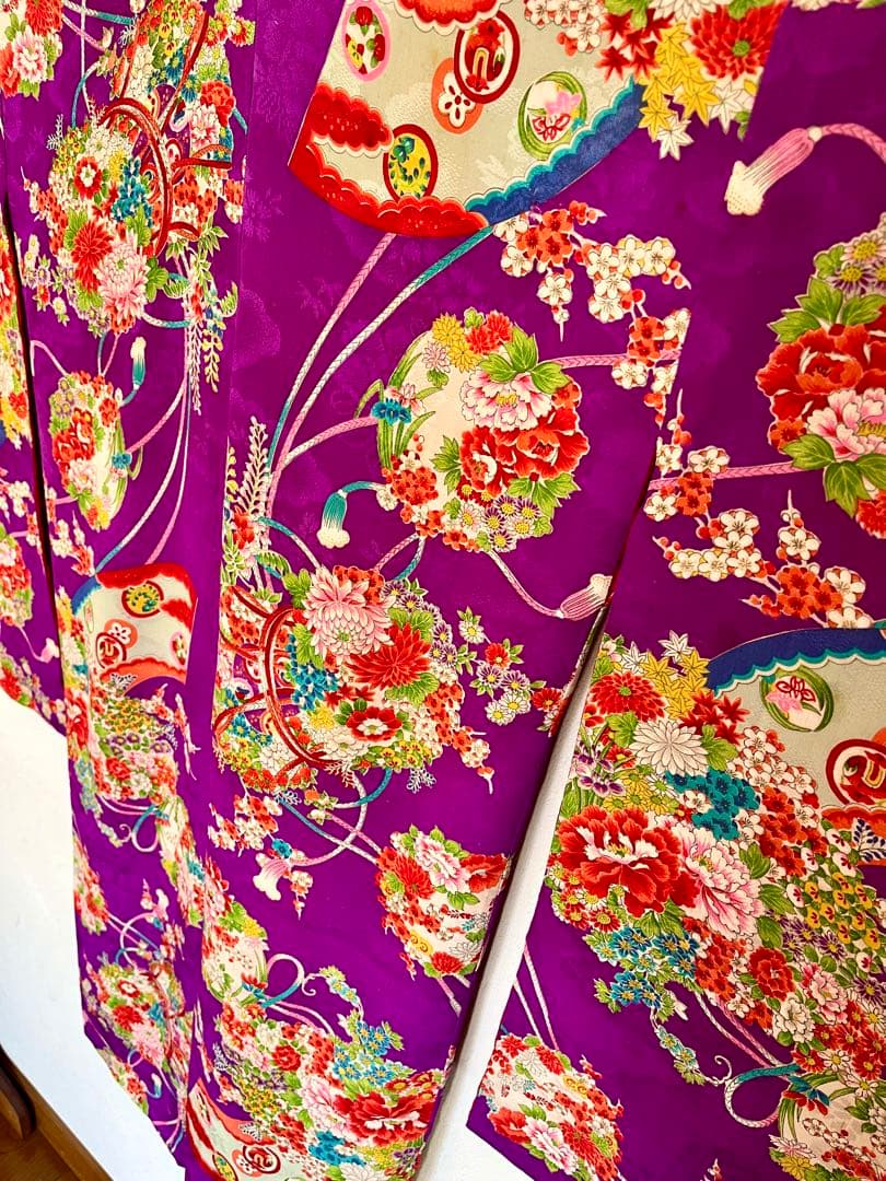 正絹 アンティーク着物 七五三 ◇鼓 地紙 花丸紋 古典柄