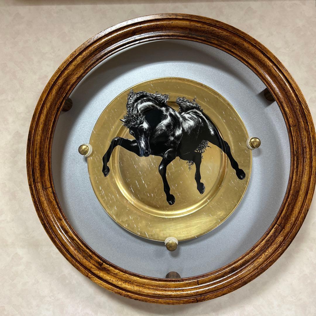 馬(エクウス)ブラック＆ゴールド30cmプレート額装(漆ナチュラルカラー壁掛け)
