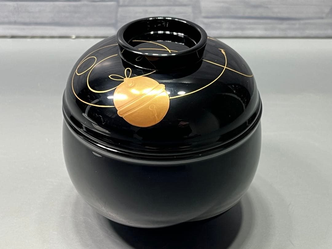 越前塗　黒鈴椀　金蒔絵　五客　天然木　本漆手塗　未使用品　三越販売