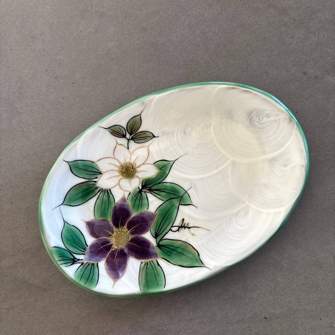 《ほぼ新品》美品【陶葊】京焼　清水焼　白掛彩草花　色絵付け　皿　鉄線　陶あん