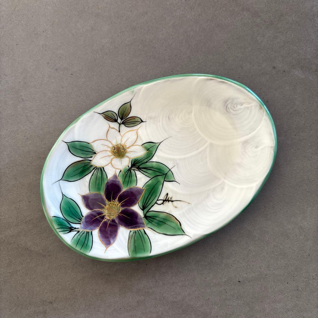 《ほぼ新品》美品【陶葊】京焼　清水焼　白掛彩草花　色絵付け　皿　鉄線　陶あん