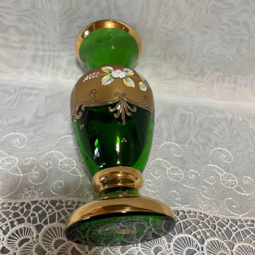 ベネチアングラス　花瓶　ハイエナメル　金彩　立体　グリーン　浮き彫り花　ムラーノ