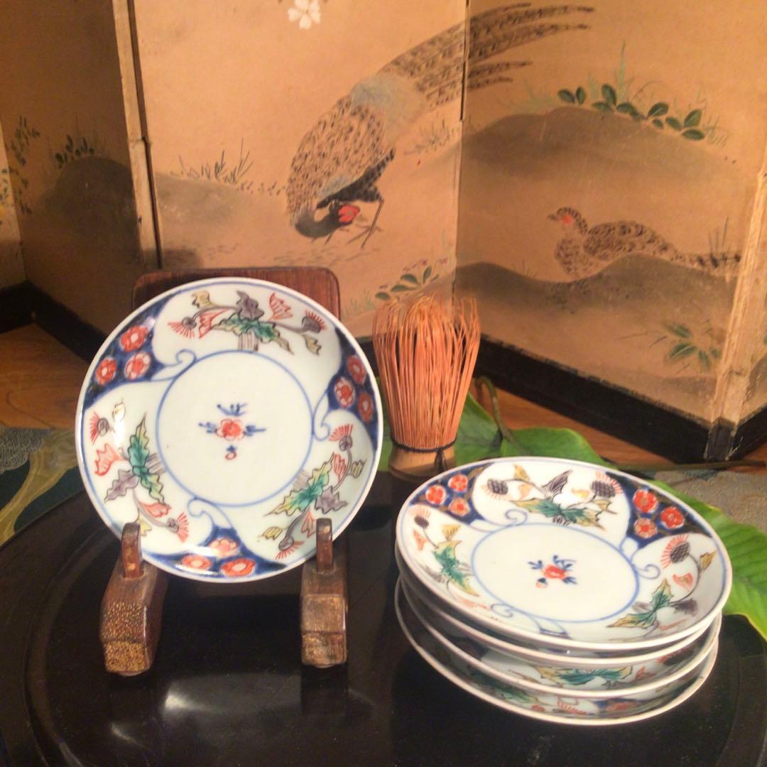 342 古伊万里 染錦手 小皿 アザミ紋様 5枚
