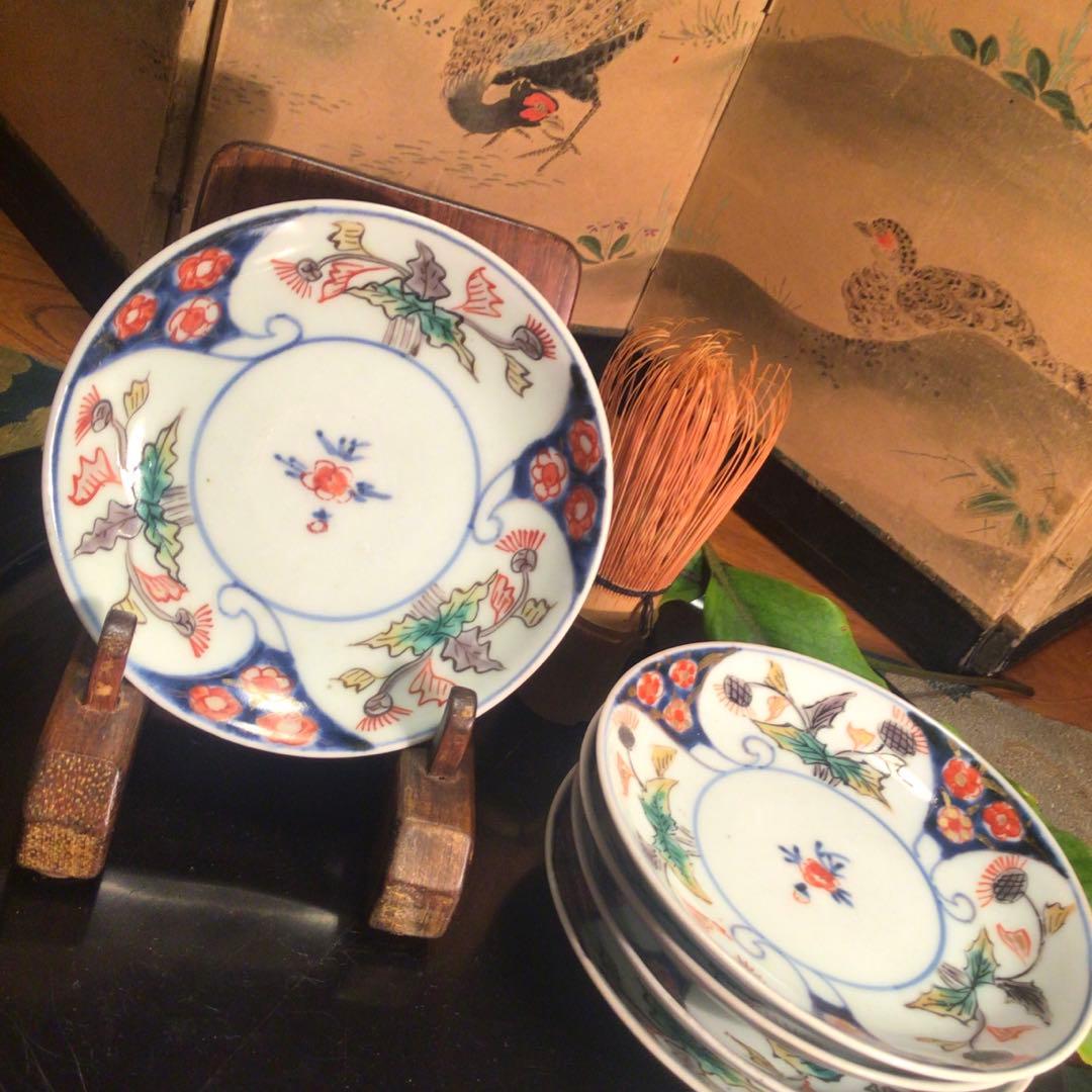342 古伊万里 染錦手 小皿 アザミ紋様 5枚