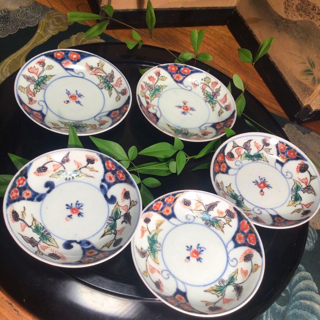 342 古伊万里 染錦手 小皿 アザミ紋様 5枚