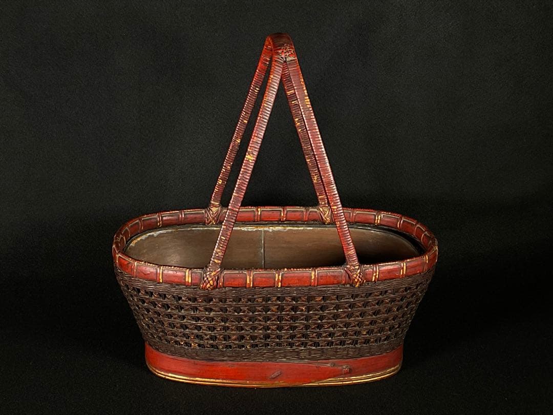 民藝　竹籠　竹編み籠　花籠　花入れ　花器　銅器付き　華道　茶道具