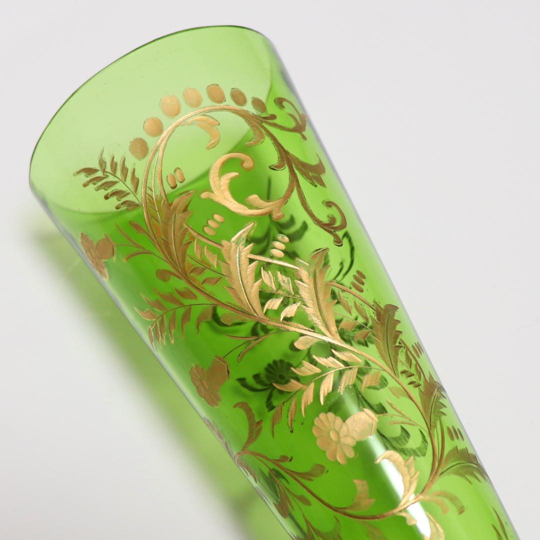 オールド・バカラ 1900年頃 緑硝子 31cm グラヴュール 金彩 大型 花瓶