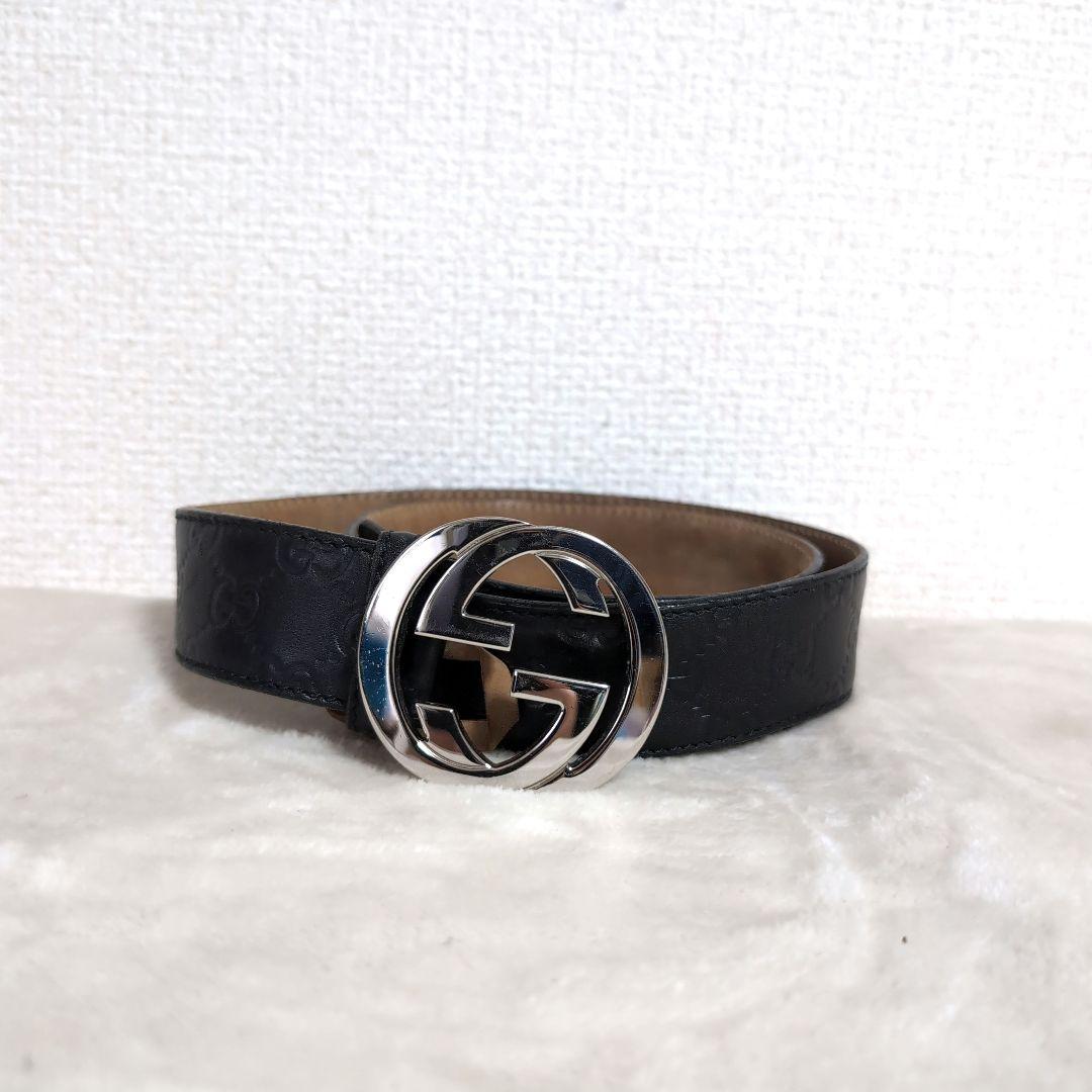 dz24 GUCCI レザーベルト 黒 GGロゴ 総柄 メンズMサイズ相当