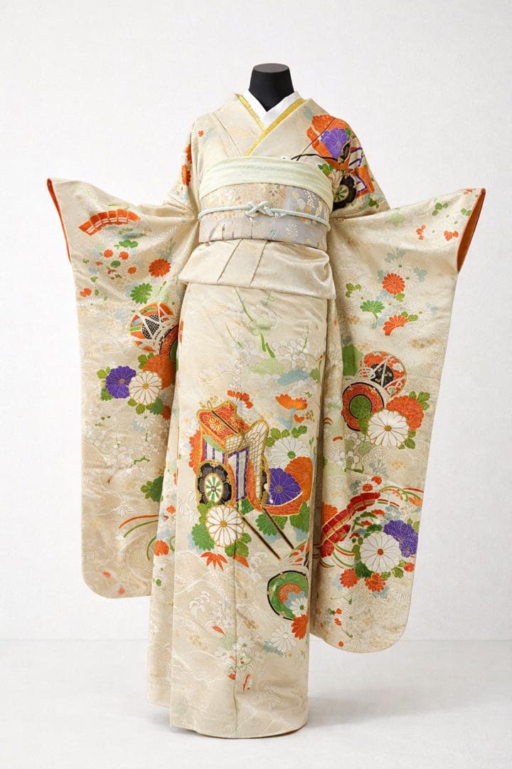 振袖フルセット6点サイズM〜Ｌ駒刺繍　寿光織り　御所車花鼓文　金彩　金糸　正絹