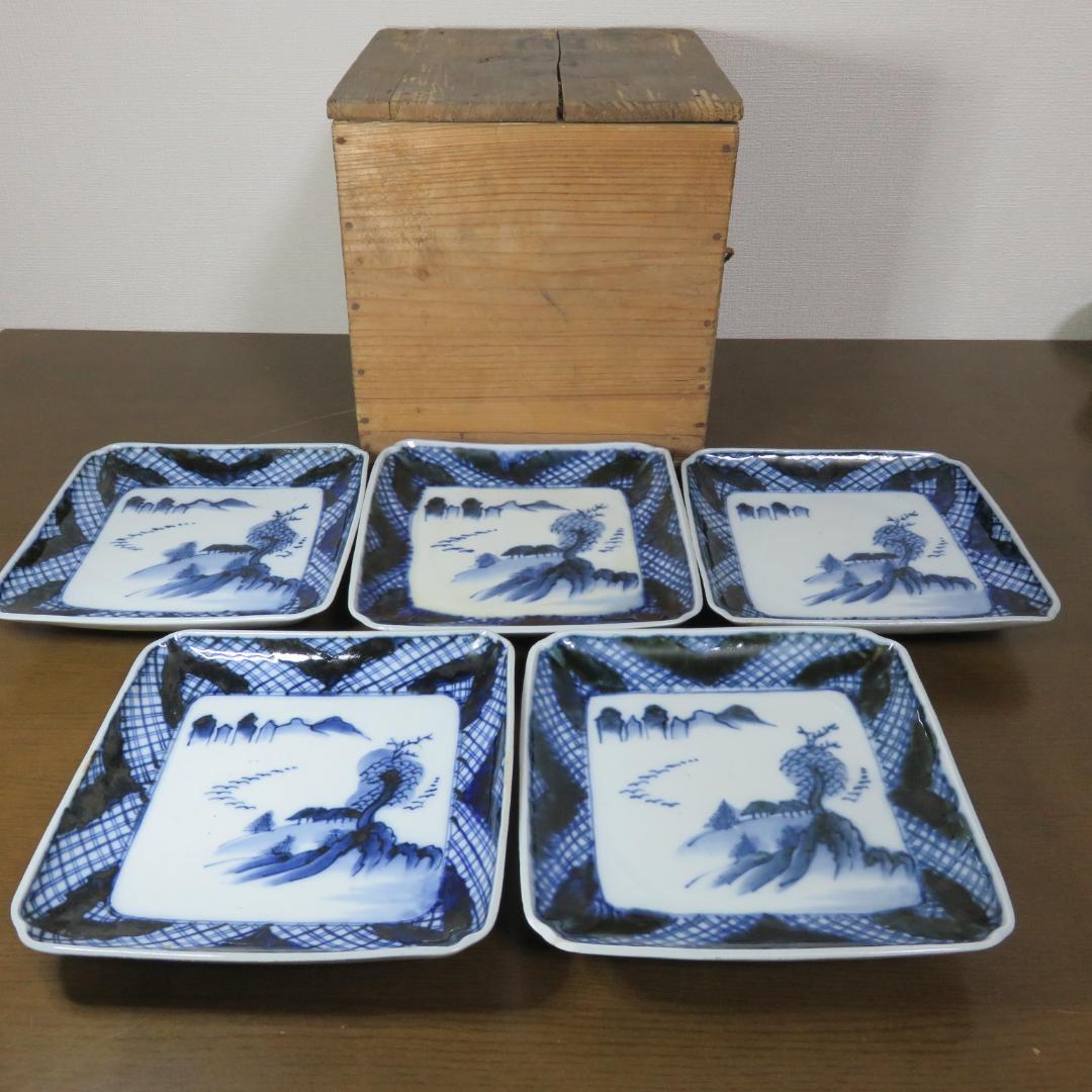 角皿 5枚 山 森 木 鳥 珍品 図柄エラー 箱入り