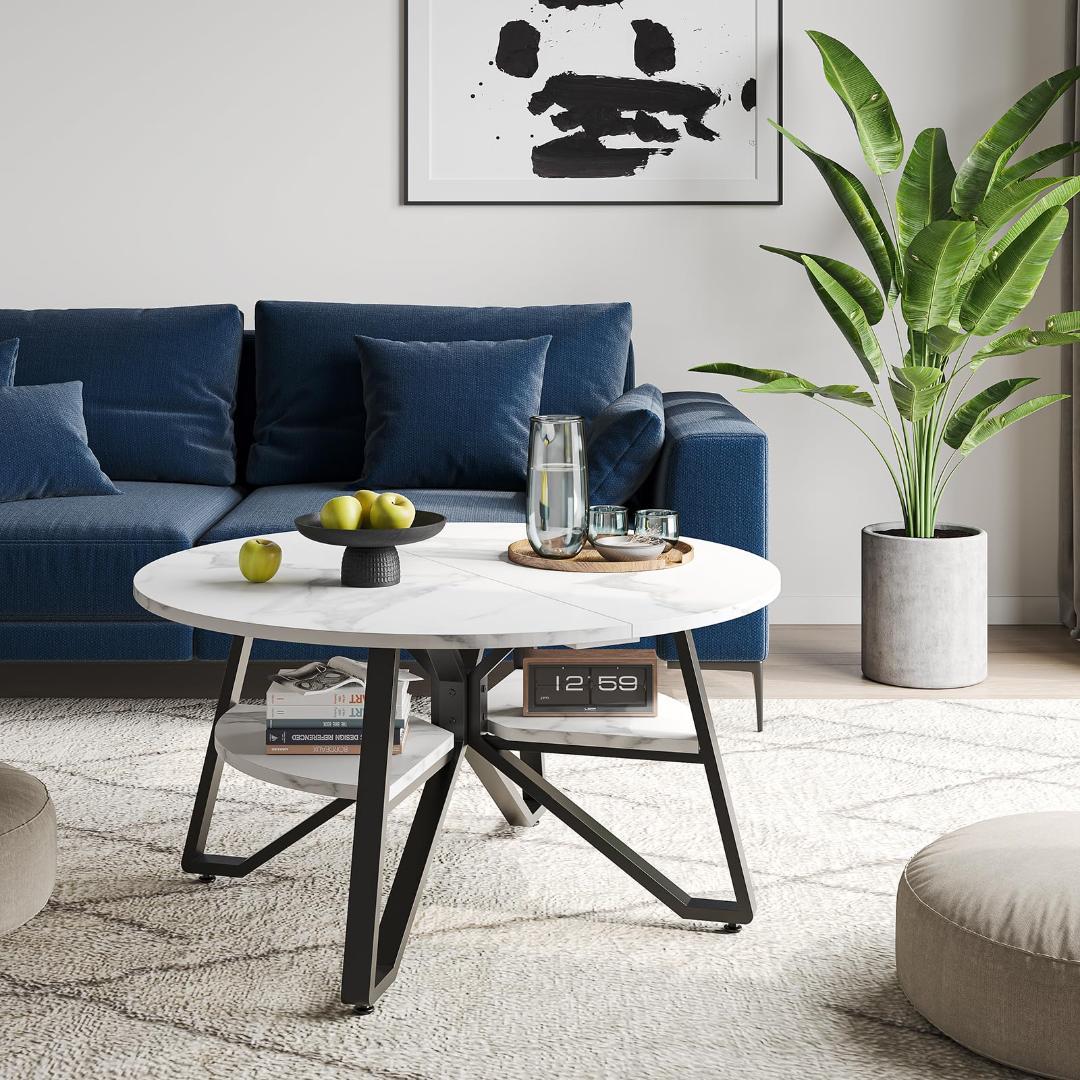 大理石風 おしゃれなリビング 丸 収納 センター ローテーブル