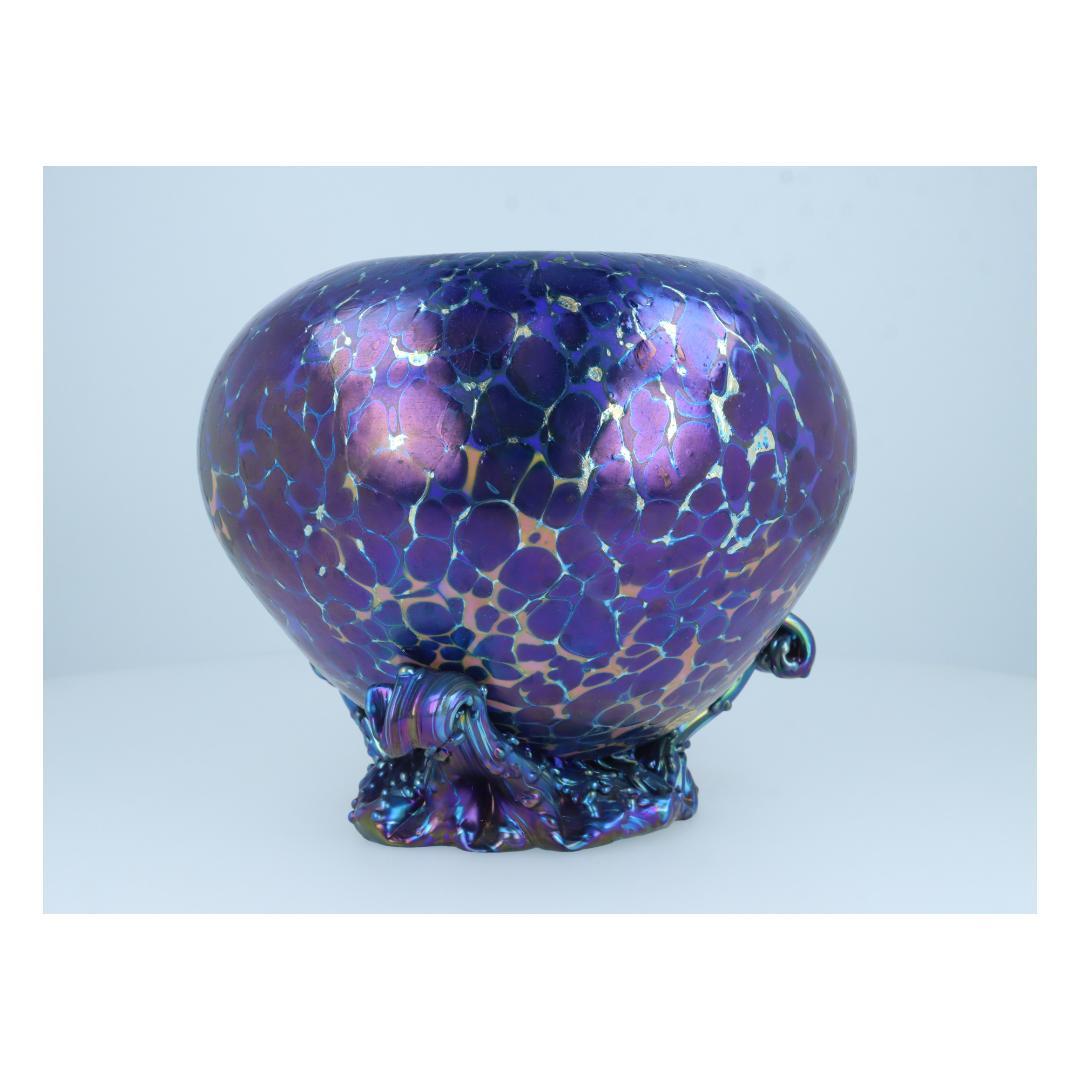 泡模様の紫色陶器 アート花瓶 オーロラ彩・細胞模様・彫刻的造形