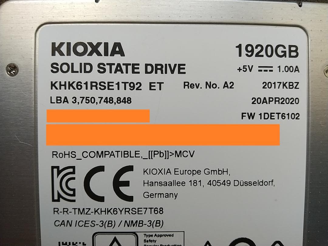 SSD 2TB(1920GB) 2.5 SATA 東芝 使用:520h 292回
