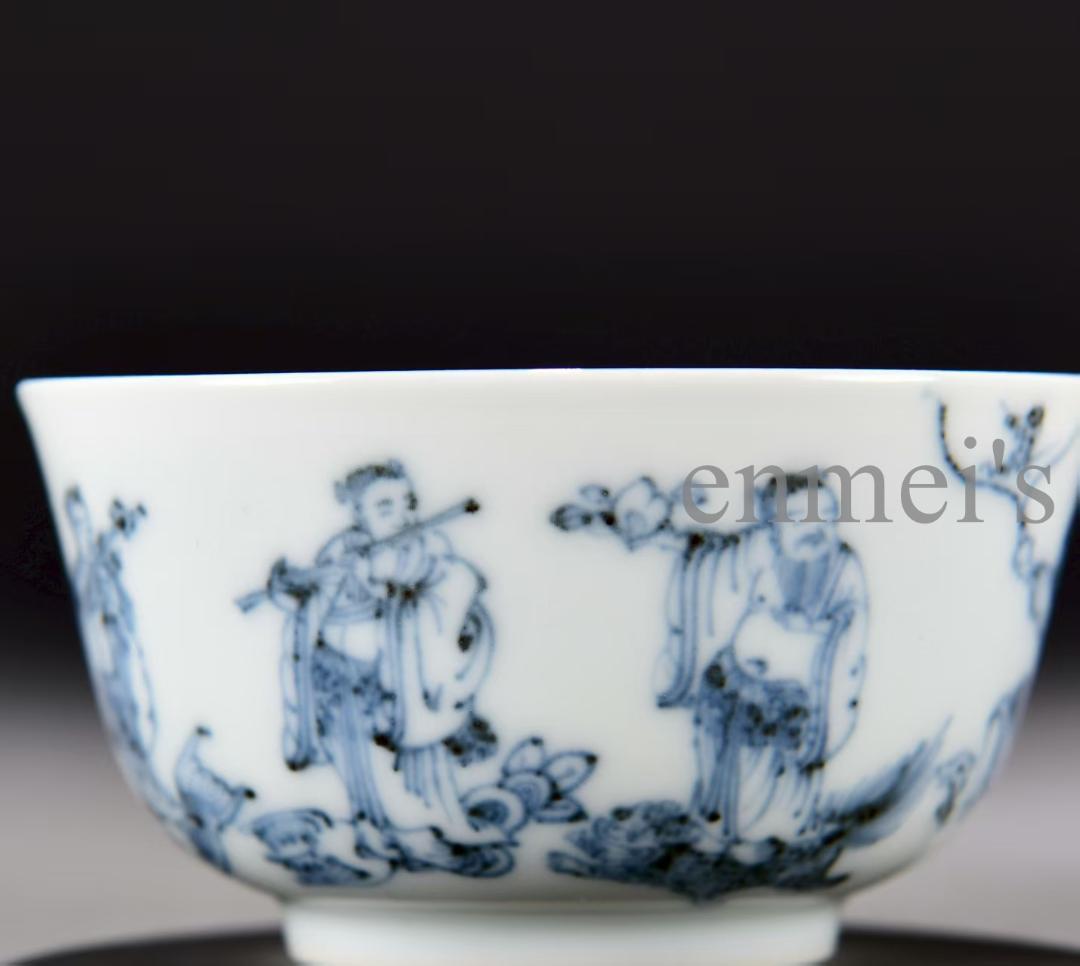 中国古美術 清康熙 青花八仙逍遥図碗 青花磁 唐物 骨董品 時代物 茶碗 青白磁