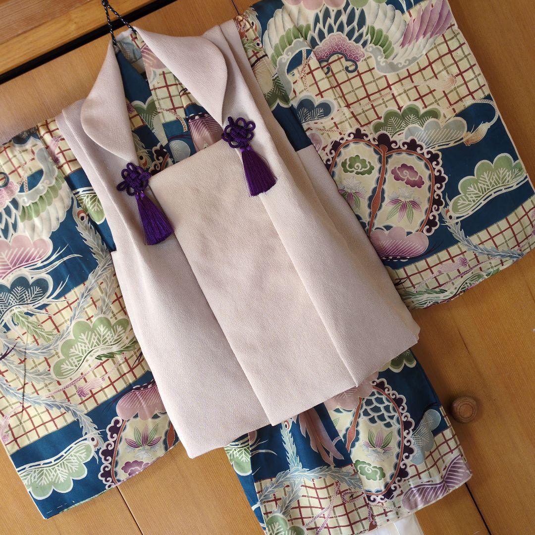 七五三３歳男の子アンティーク着物と正絹縮緬の被布（中綿無し）