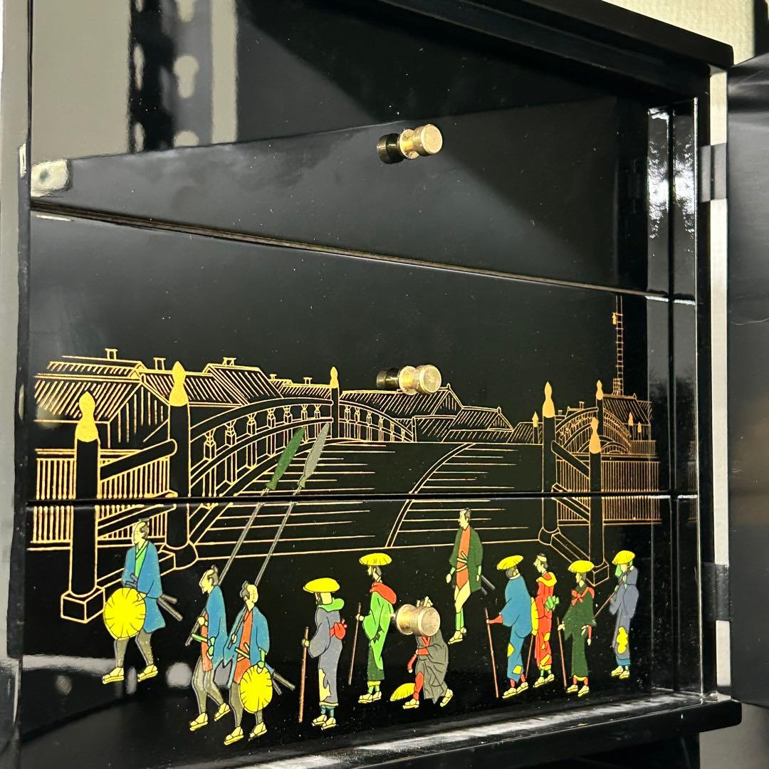 日本製 漆器 小箪笥 黒漆 蒔絵 大阪漆 工房印 昭和レトロ