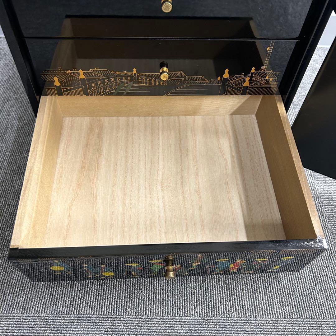 日本製 漆器 小箪笥 黒漆 蒔絵 大阪漆 工房印 昭和レトロ