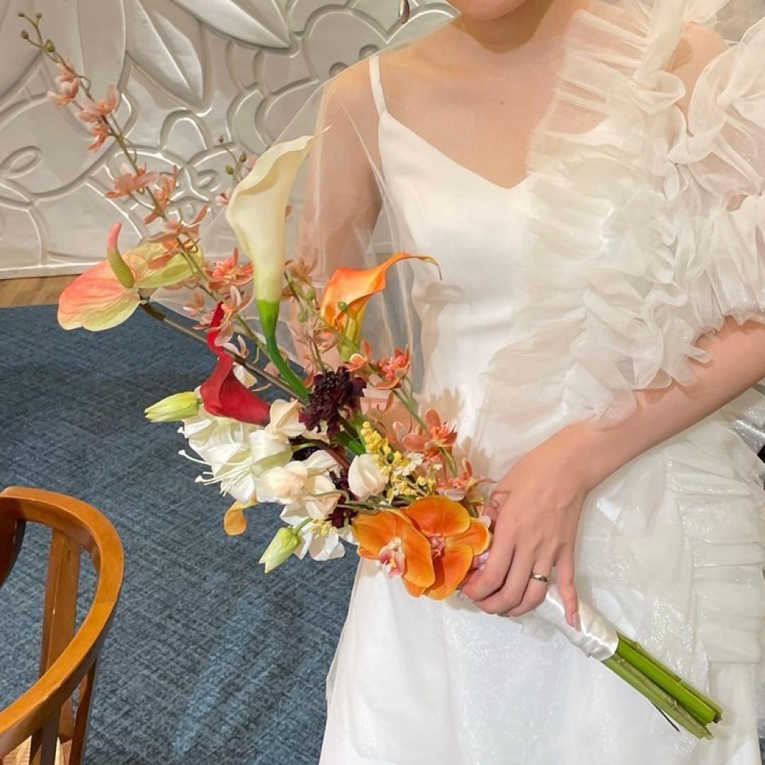 ウェディング　ブーケ　プリザーブドフラワー　オレンジホワイト　結婚式　ブートニア