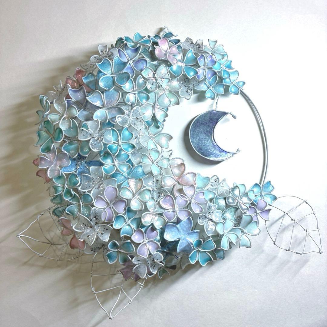 一点物　月×大きな紫陽花リース　ディップアート　ワイヤークラフト　アート