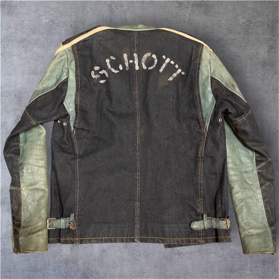 希少 Schott ショット　L ライダースジャケット デニムレザー　ワッペン