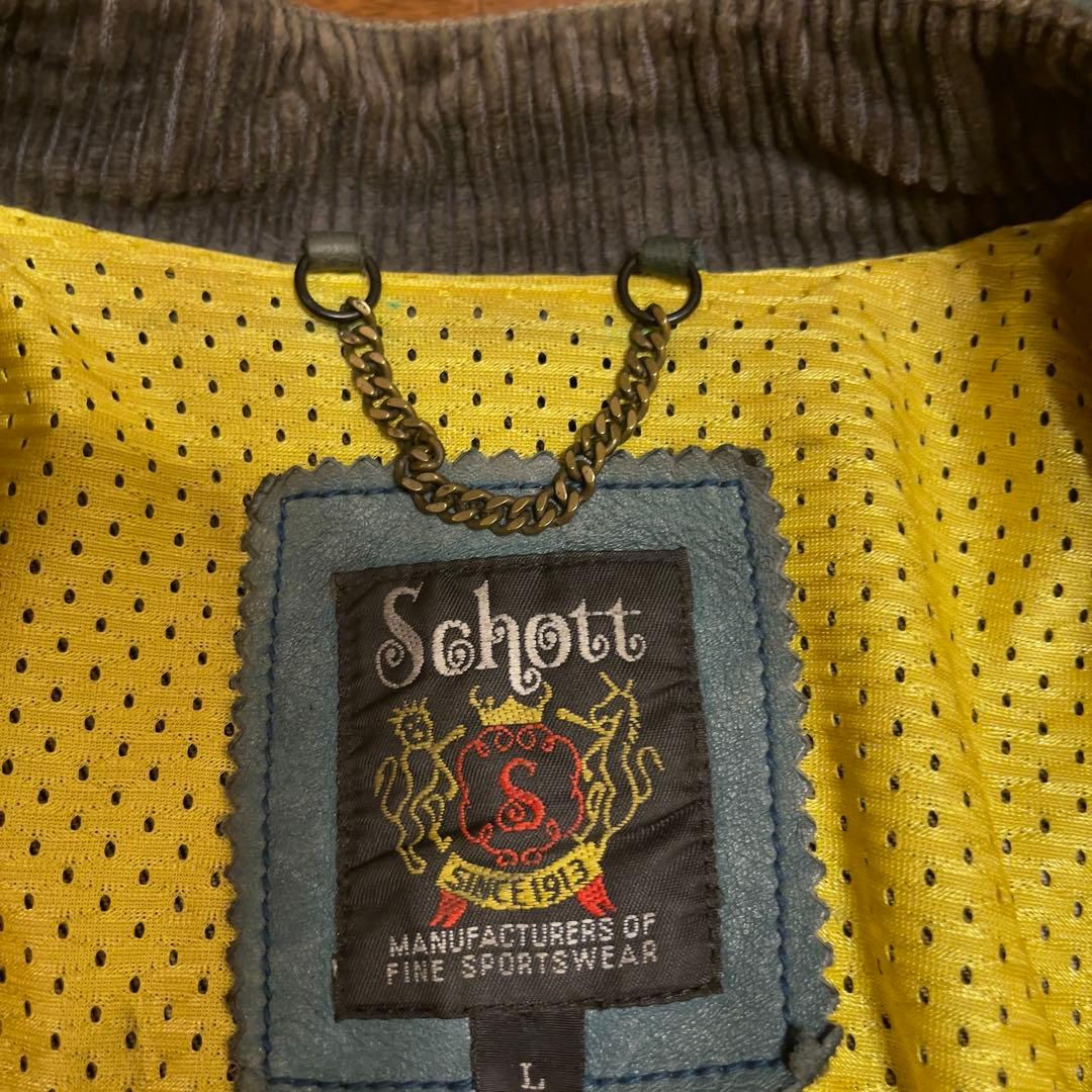 希少 Schott ショット　L ライダースジャケット デニムレザー　ワッペン