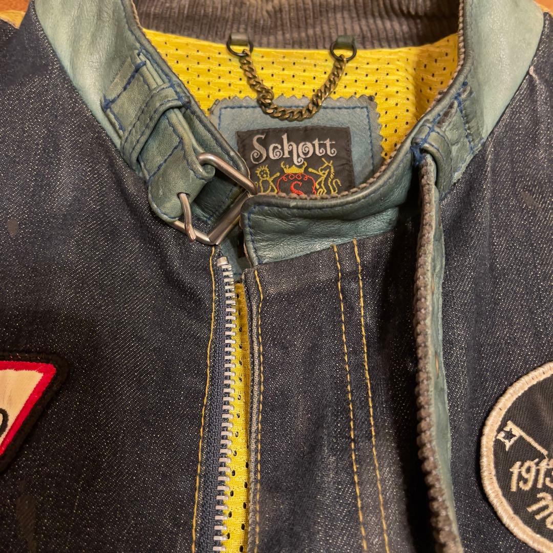 希少 Schott ショット　L ライダースジャケット デニムレザー　ワッペン