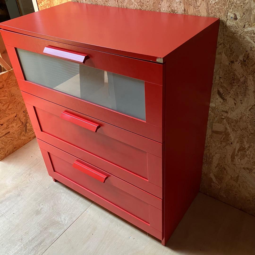 A2E62■IKEA BRIMNES イケア ブリムネス 3段チェスト レッド