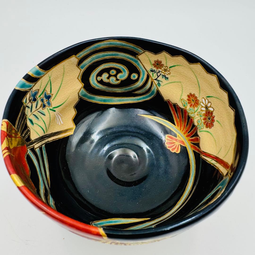 【京焼　田中寿宝　絵付け茶碗　波に扇子図　茶道具】骨董　アンティーク