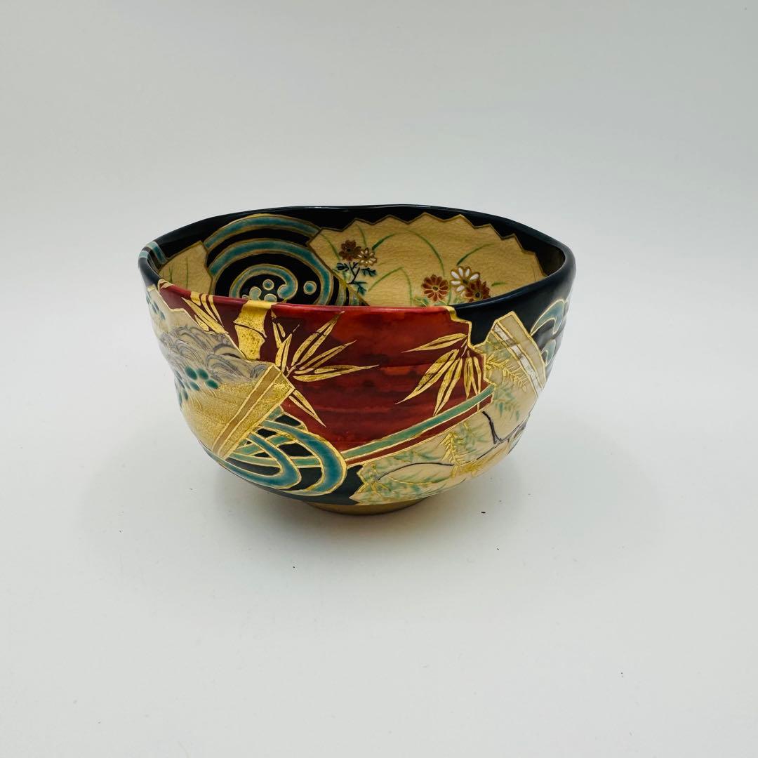 【京焼　田中寿宝　絵付け茶碗　波に扇子図　茶道具】骨董　アンティーク