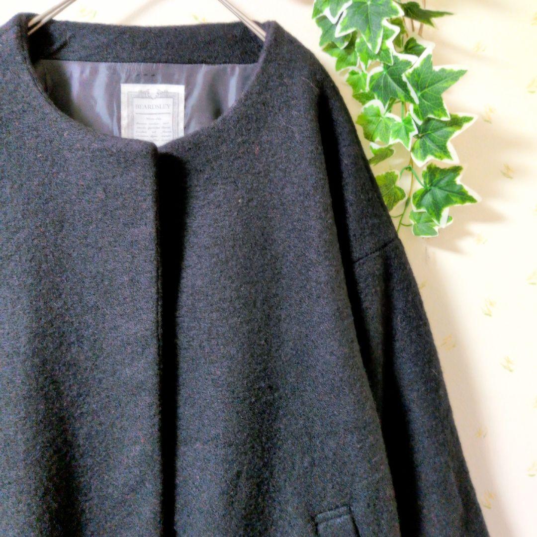 BEARDSLEY 　ノーカラー Aラインコート　ウールブラック ロングコートF