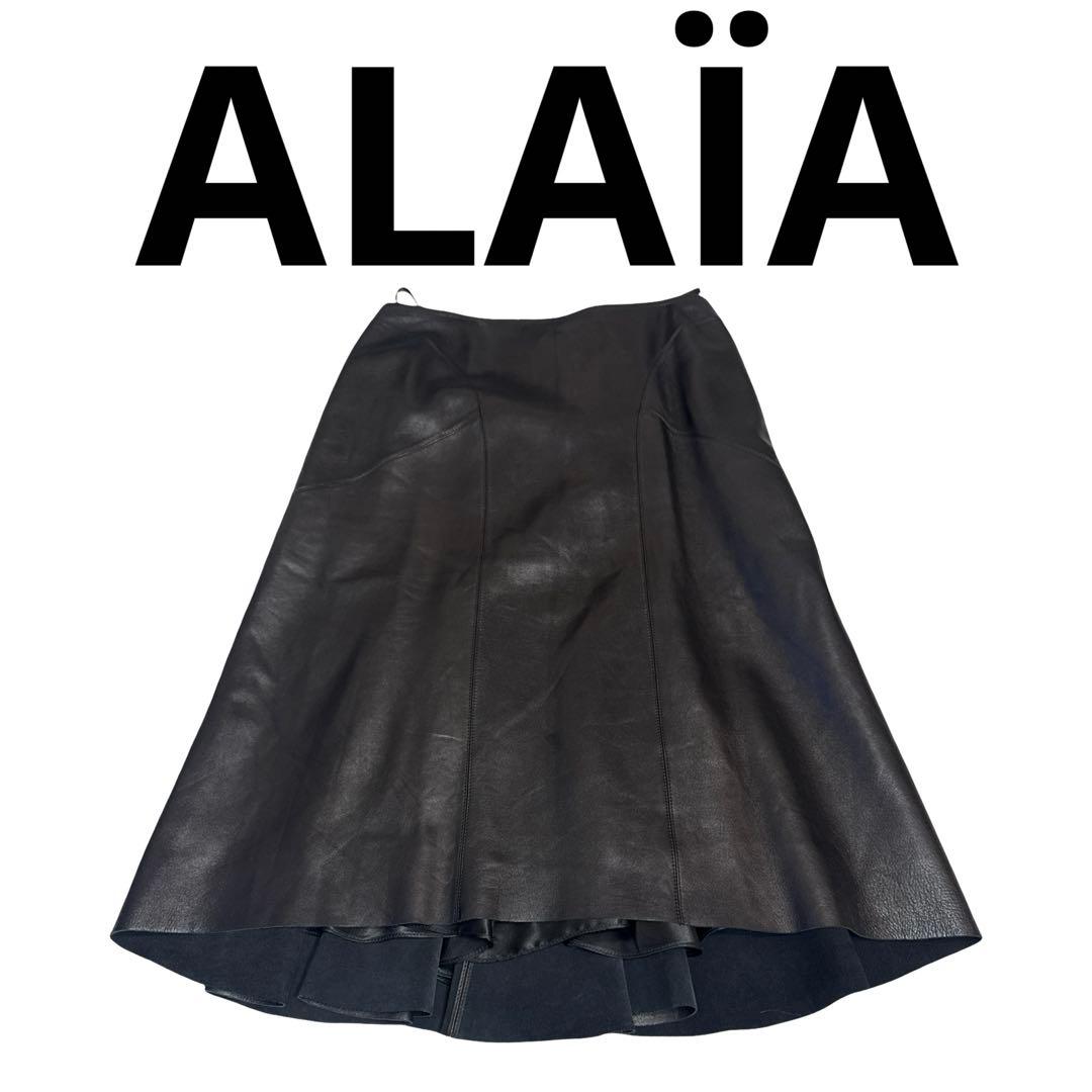 値下げALAÏA アライア レザースカート ブラック本革　モードファッション