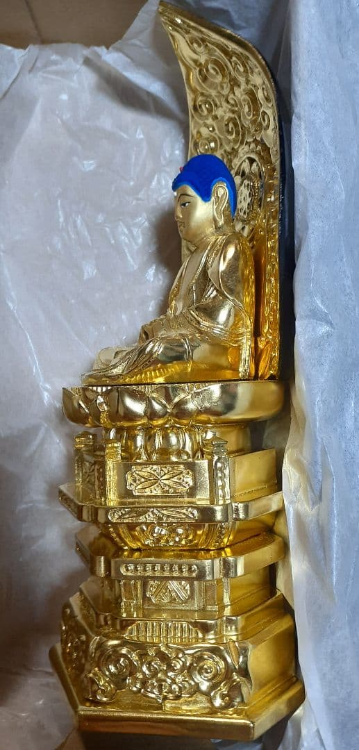 総金箔粉　座釈迦　仏像　2号　六角台　木製　新品未使用　肌粉