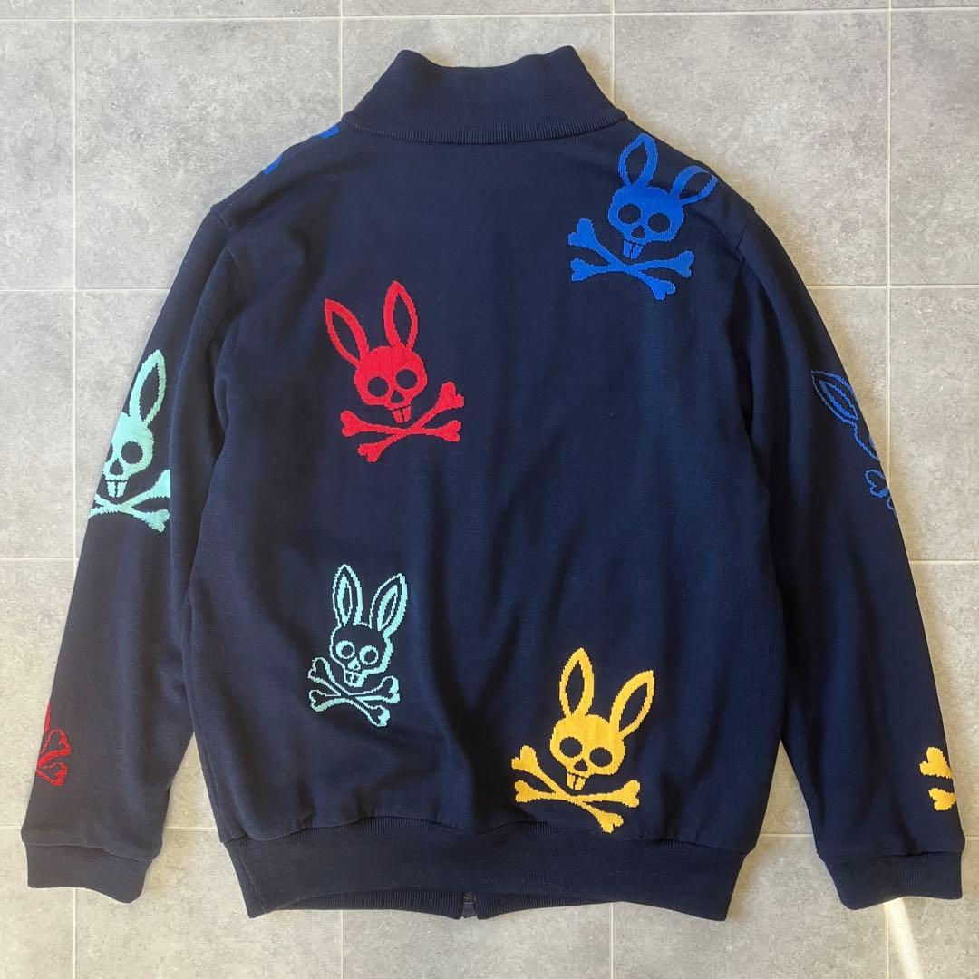 吉田サイコバニー 刺繍 ニットブルゾン ネイビー ジップアップ 蓄熱 L