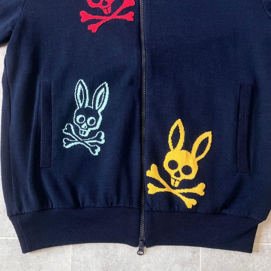 吉田サイコバニー 刺繍 ニットブルゾン ネイビー ジップアップ 蓄熱 L