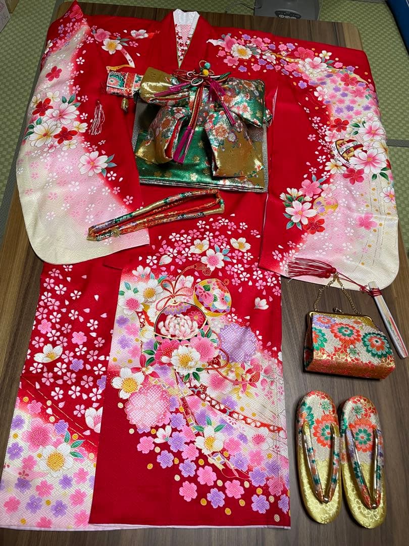 七五三 着物フルセット 6歳7歳　赤色 花柄　お参り着　女児　正絹　新品　髪飾り