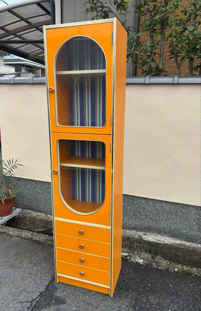 食器棚 昭和レトロ レトロポップ オレンジ イエロー キャビネット 収納棚 本棚