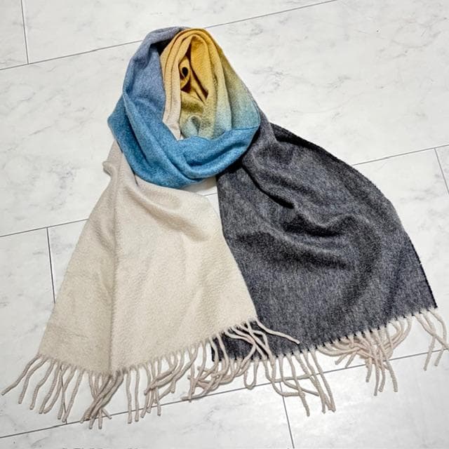 新品シール付★ベグアンドコー カシミアマフラー 白、薄茶、灰、青のグラデーション