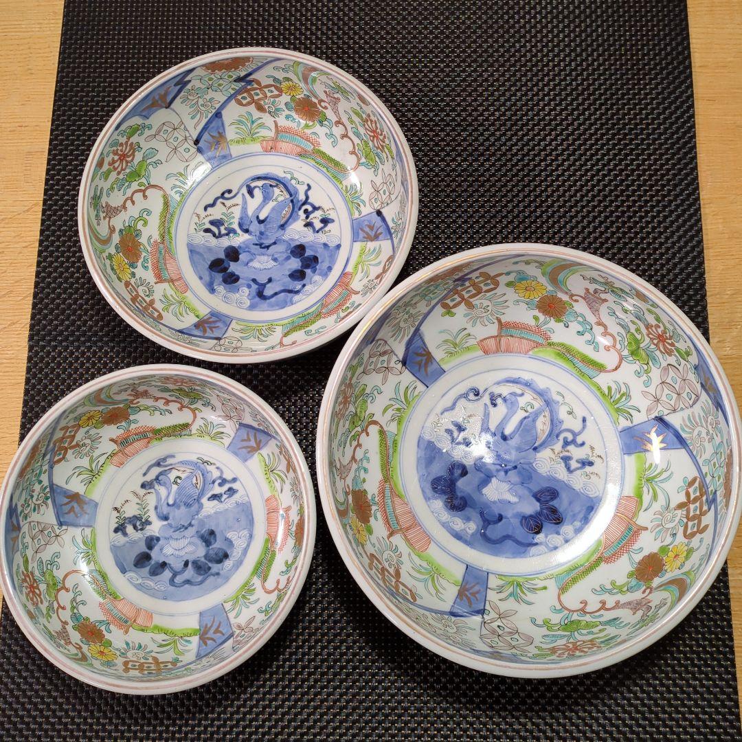 古伊万里 色絵 三つ鉢 菊 七宝 鉢