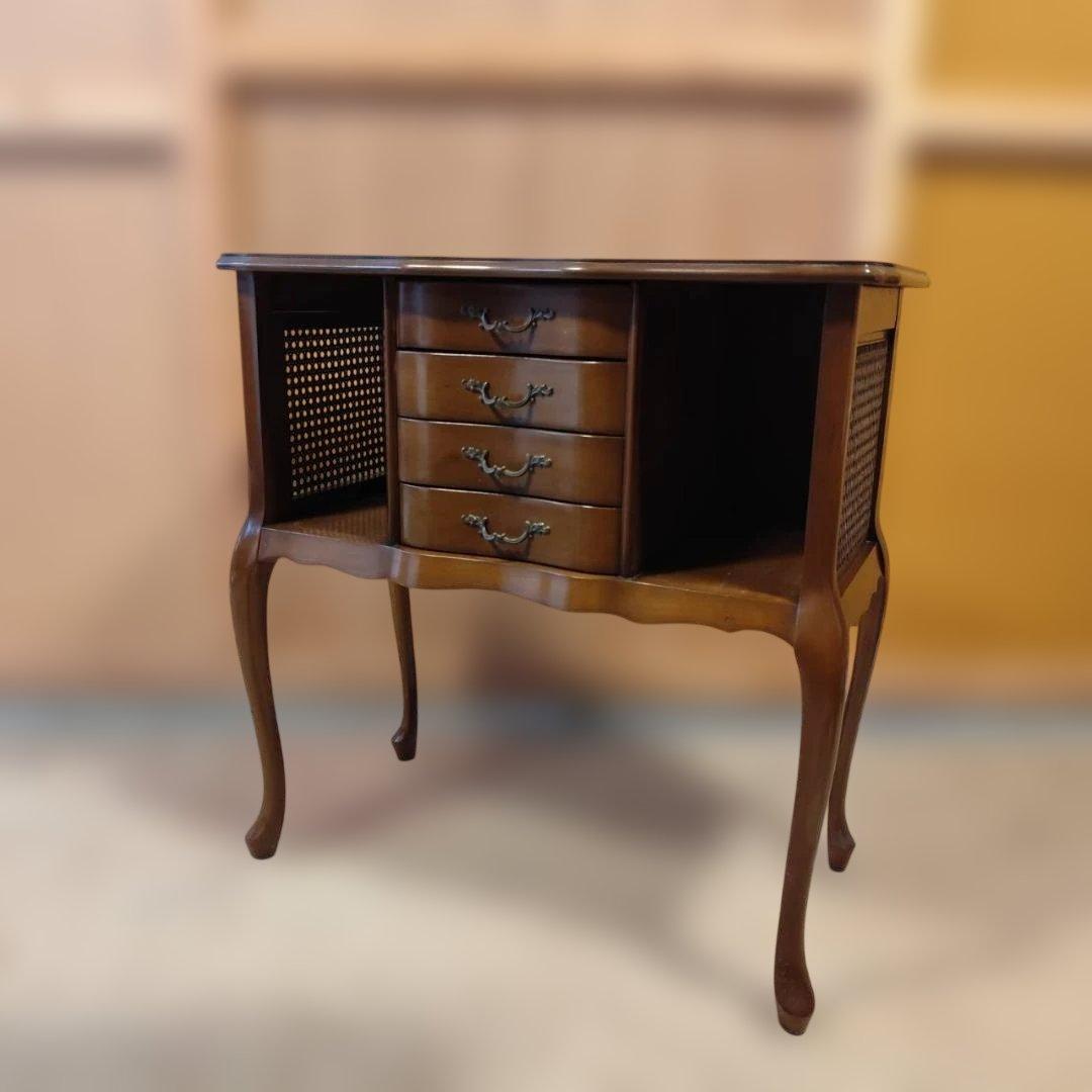 アンティーク調 猫脚コンソールデスク サイドチェスト かごめ編み ラタン