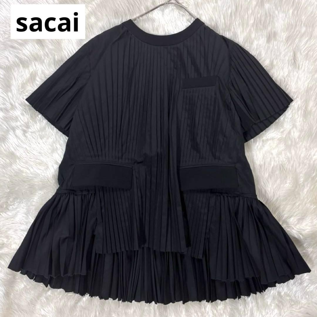 サカイ 半袖プリーツ ブラウス プルオーバー 黒 ブラック 1