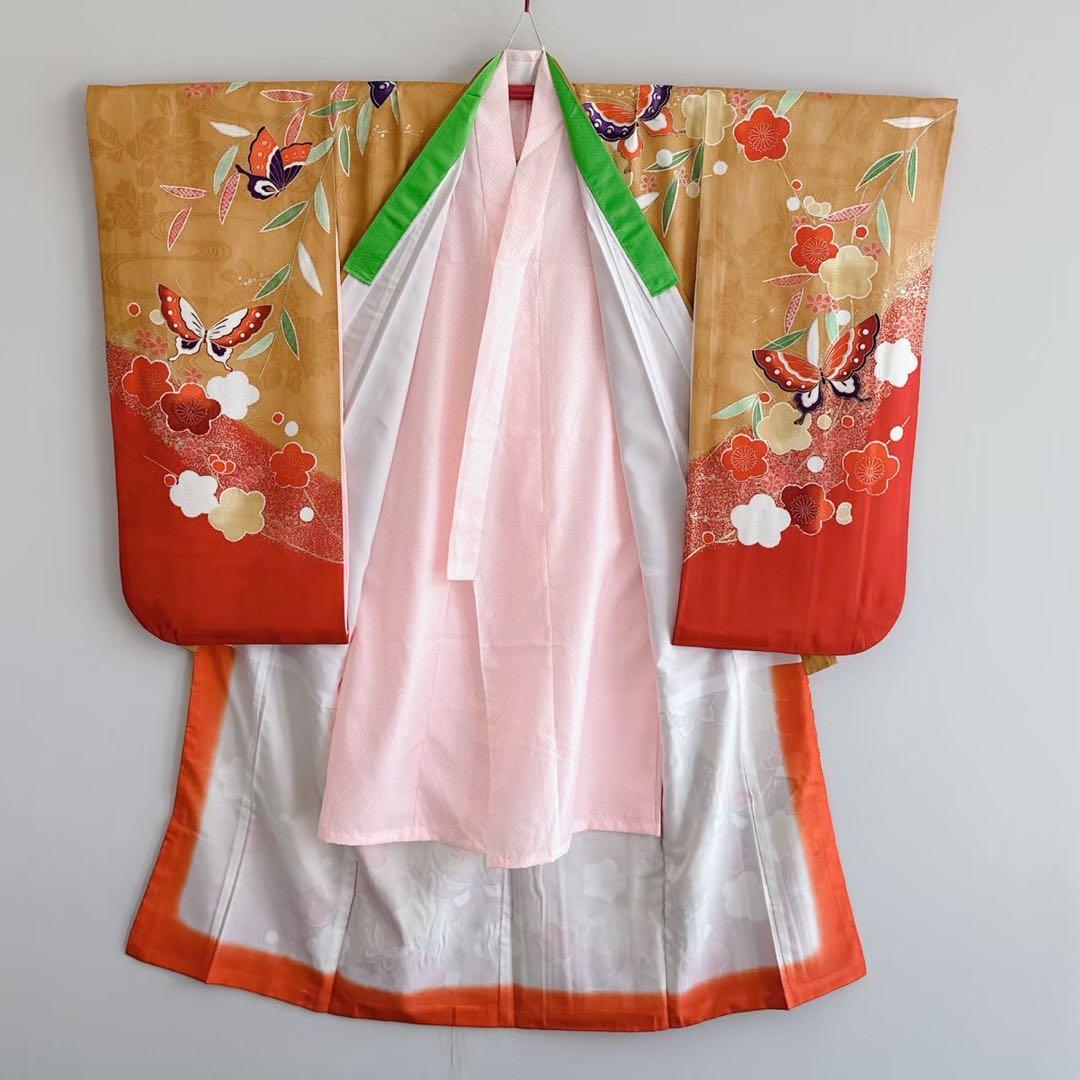 上品　フルセット　七五三　７歳女の子　黄土色赤蝶　金地袋帯　長襦袢付小物7079