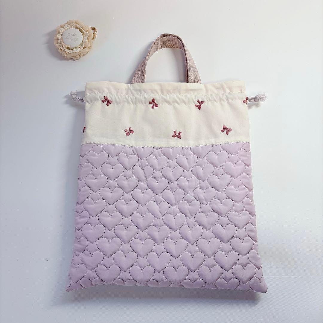 りぼん　刺繍生地　ハート　キルト　キルティング　ヌビ　レッスンバッグ　上履き袋